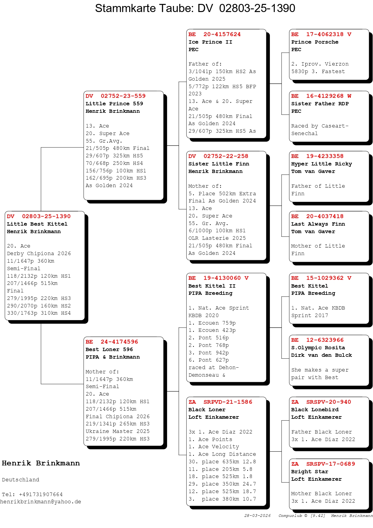 184	place EXTRA FINAL (656 km) BRINKMANN RACING PIGEONS	  DV-02803-25-1390	