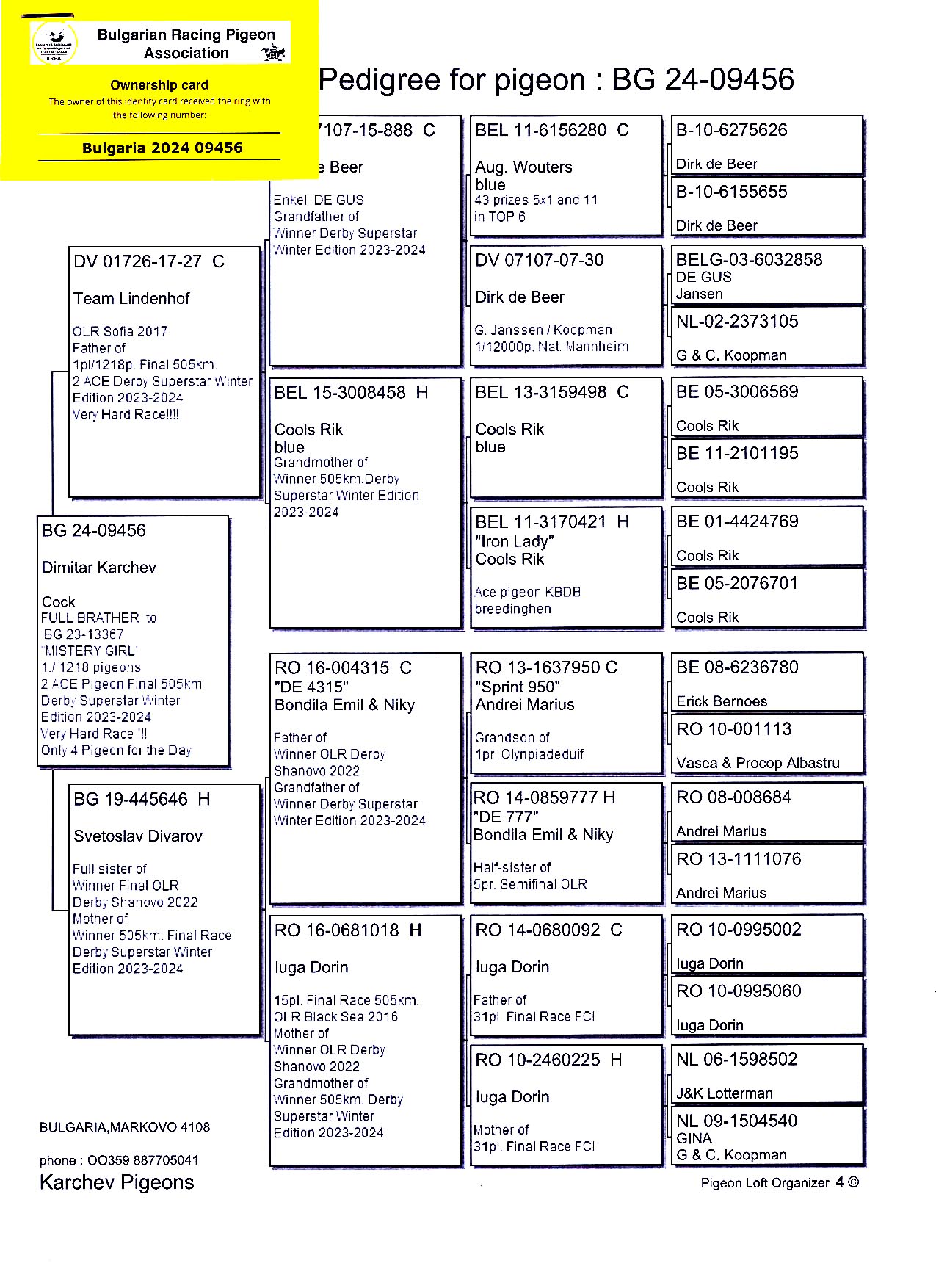 BG 24 9456 M - Full brother 1 Final (2 Ace) Superstar Spain 505km (1218 pigeons)