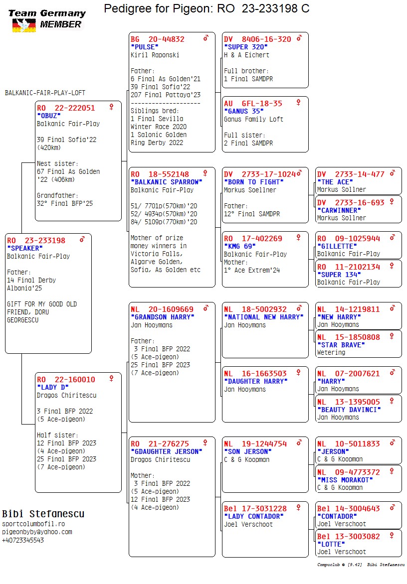 RO 23 233198 M - BFP LOFT - Father 14 Final Derby Albania; Son 3 Final BFP