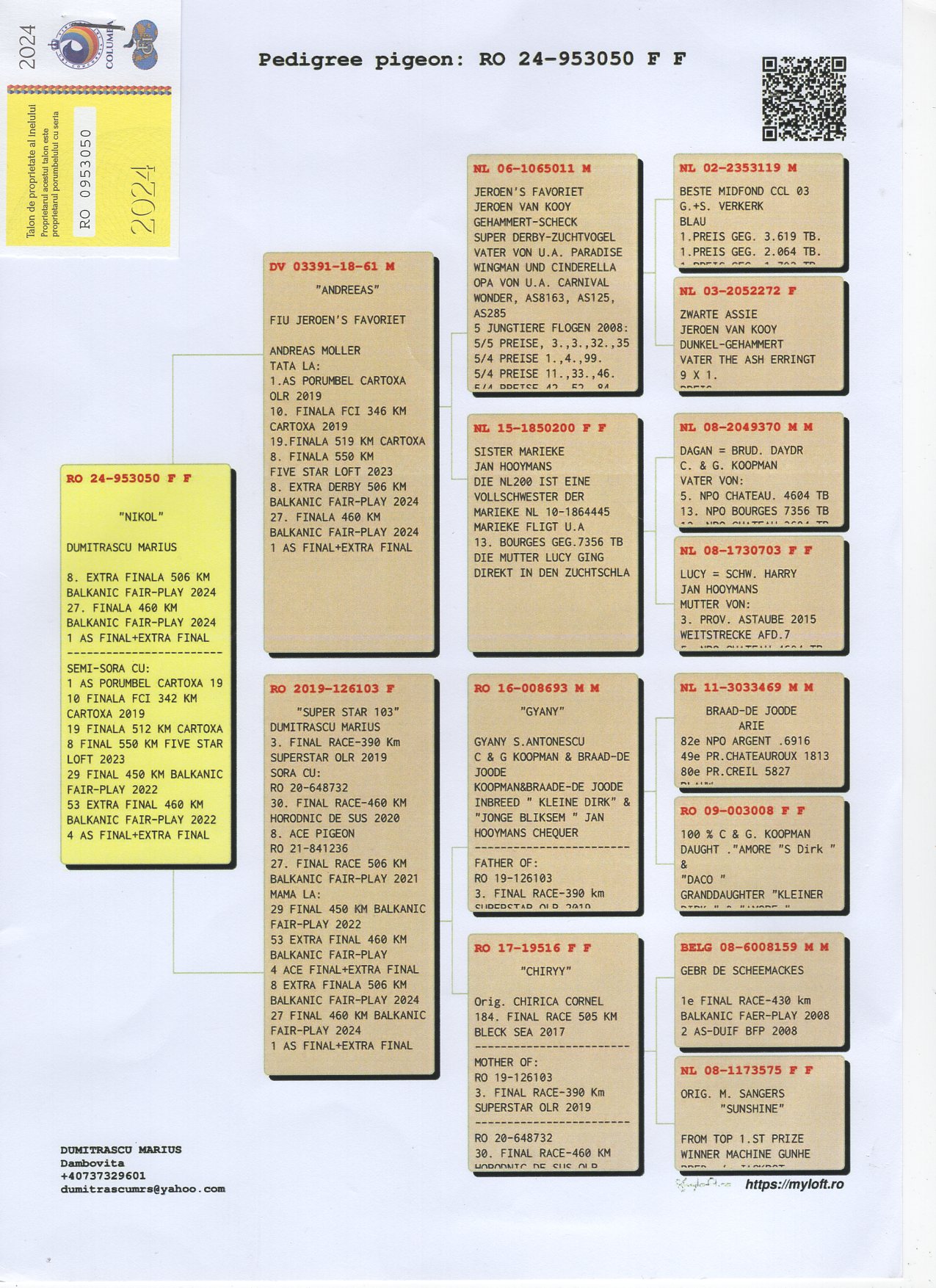 RO 24 953050 F - DUMITRASCU MARIUS - 1 Ace BFP Fond (460 km + 506 km)